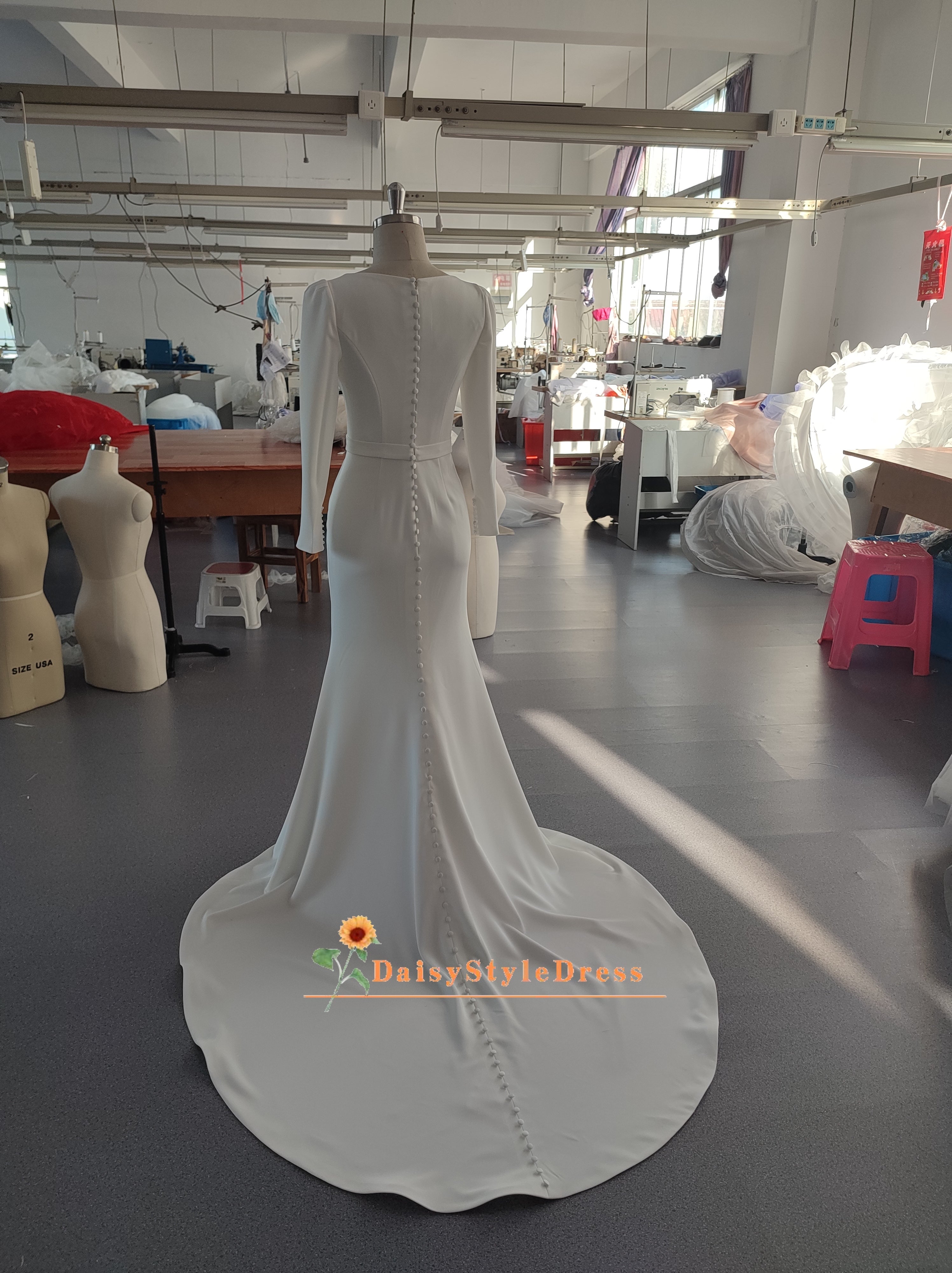 Fit and Flare Square Neckline Long Sleeve Minimalist Wedding Dress –  daisystyledress