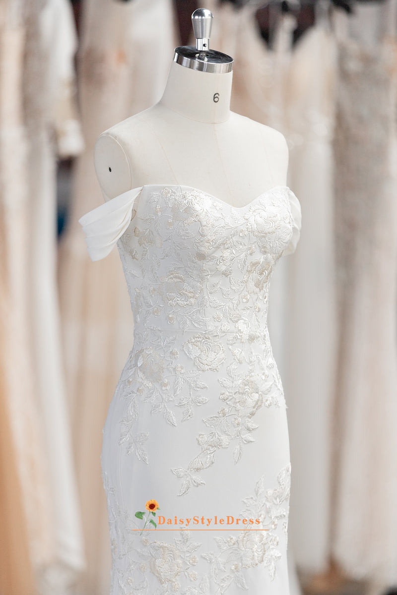 Off Shoulder Sleeve Ivory Wedding Dress