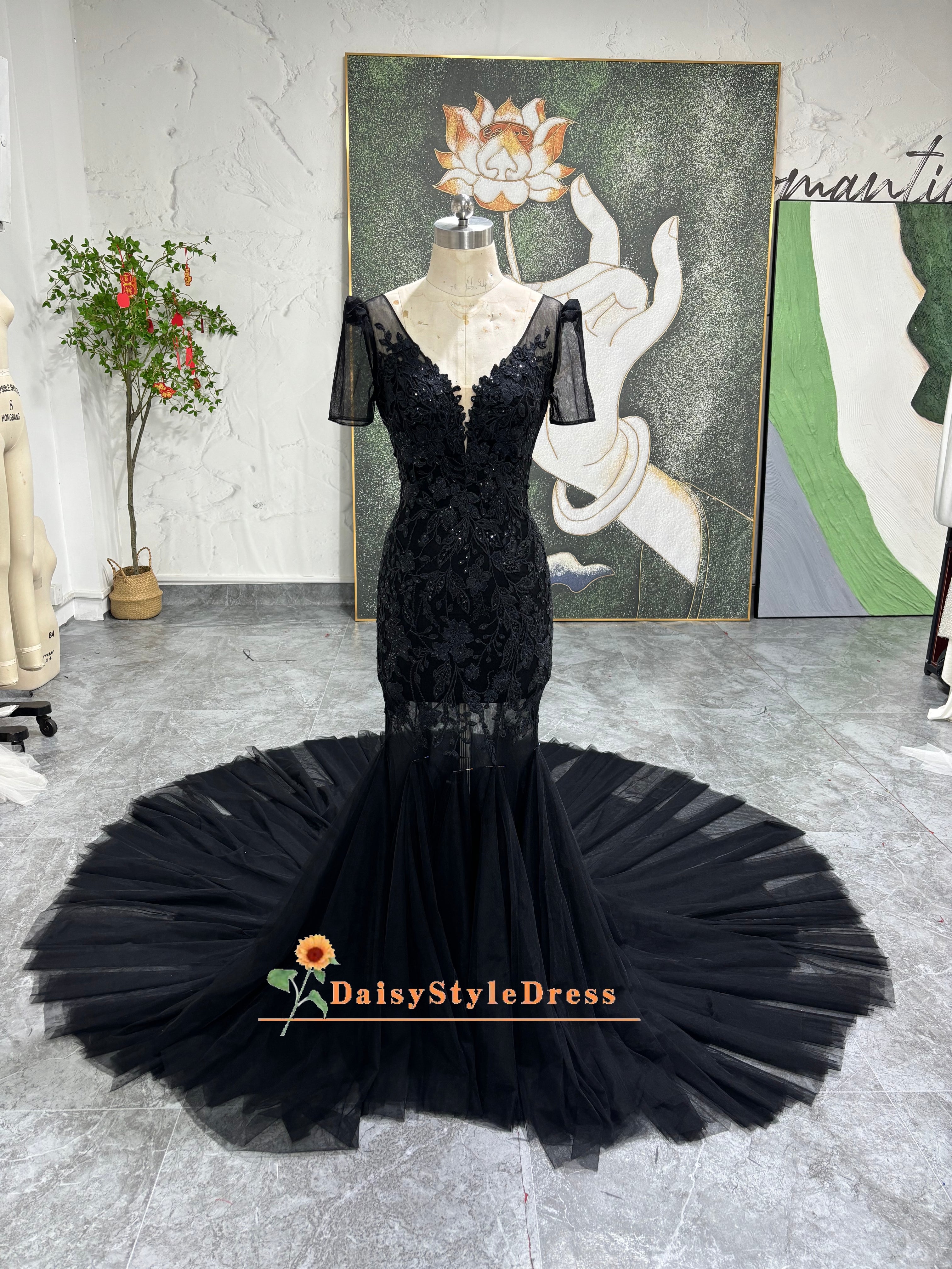 Mermaid French Lace Short Sleeve Black Wedding Dress,Sexy Illusion Bla daisystyledress Mermaid French Lace Short Sleeve Black Wedding Dress,Sexy Illusion Bla daisystyledress