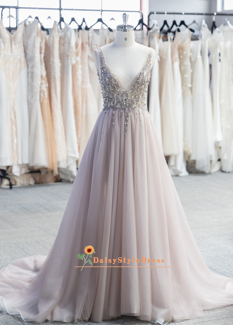 Sexy Low Back Handmade Beaded Blush Tulle Wedding Dress