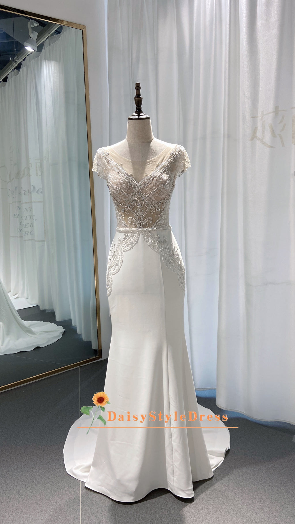 Short Sleeve Beaded Wedding Gown