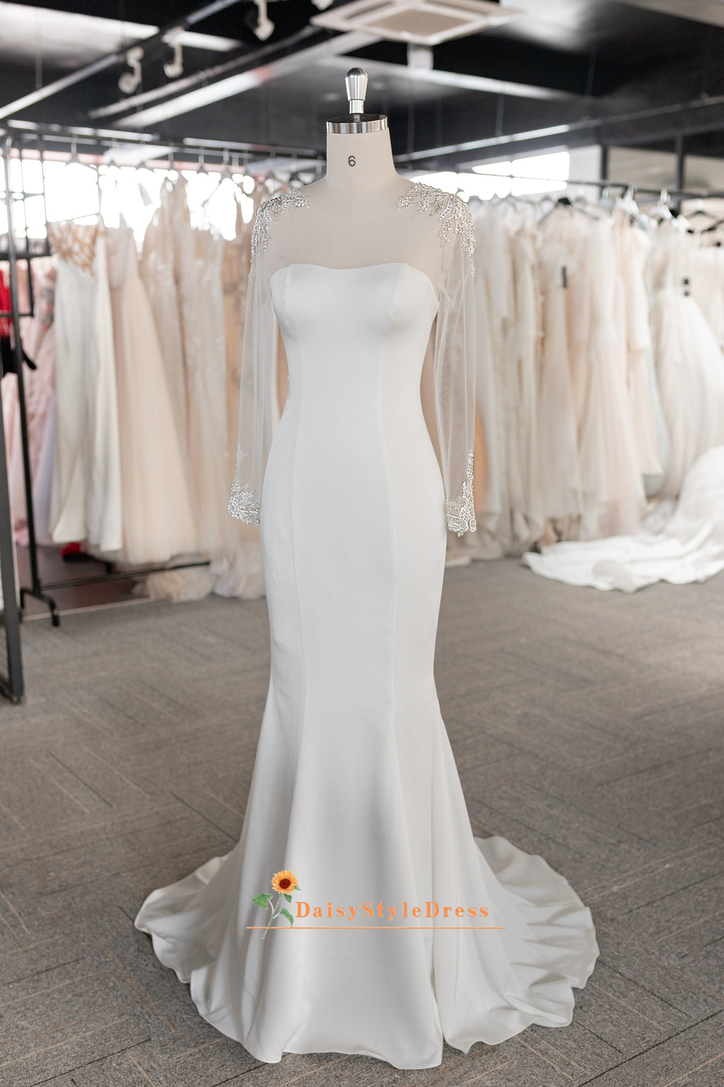 Sheer Long Tulle Sleeve Fit and Flare Wedding Dress