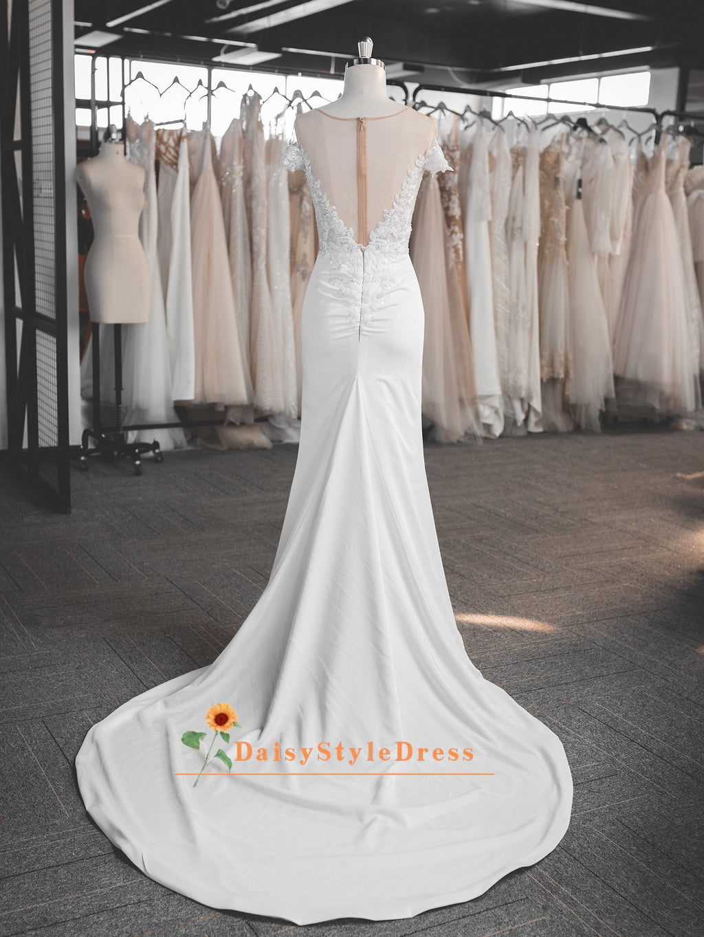 Short Sleeve Sheer Lace Wedding Dress