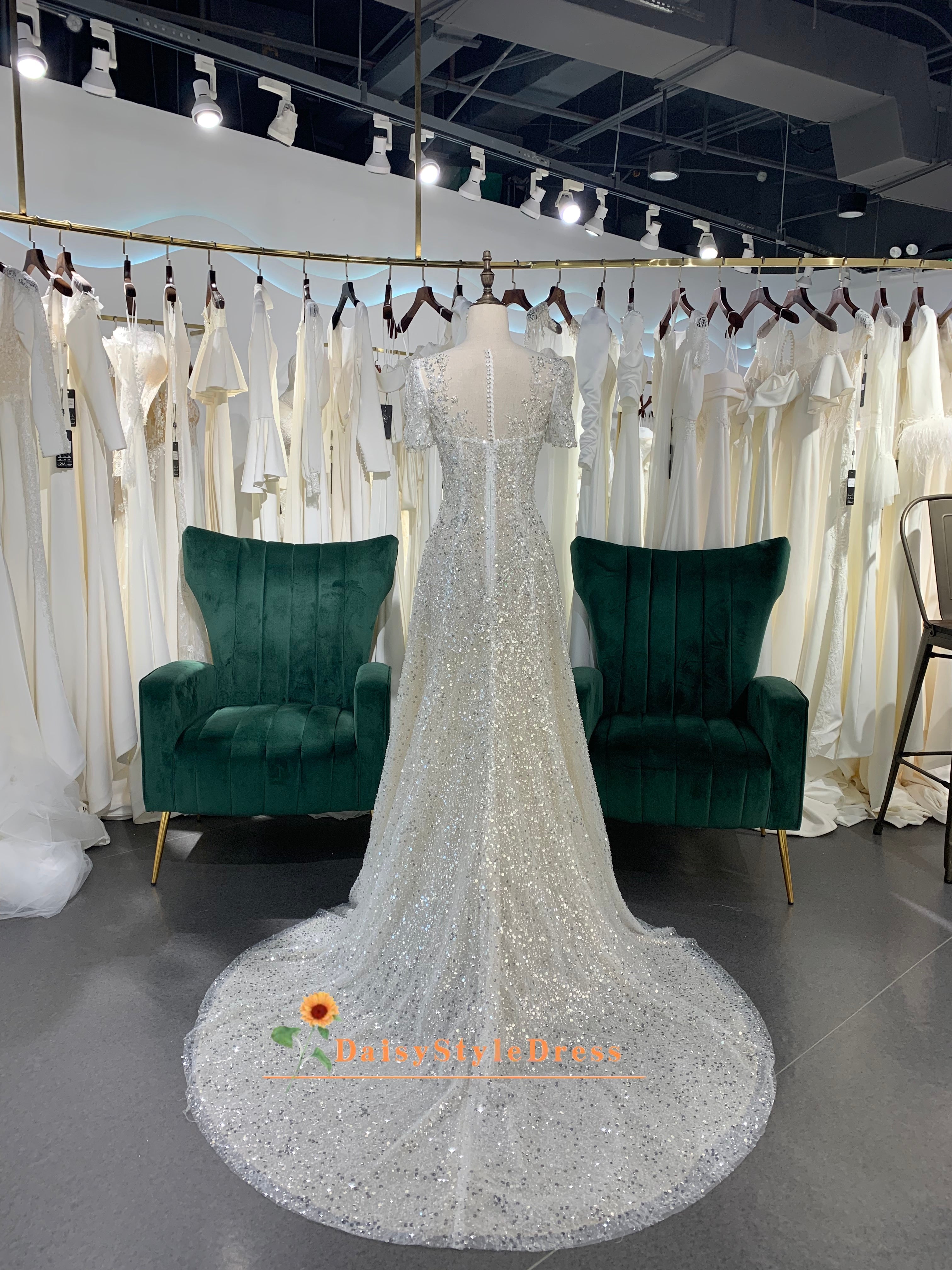 Short Sleeve Sparkle Sequins Wedding Dress daisystyledress Short Sleeve Sparkle Sequins Wedding Dress daisystyledress