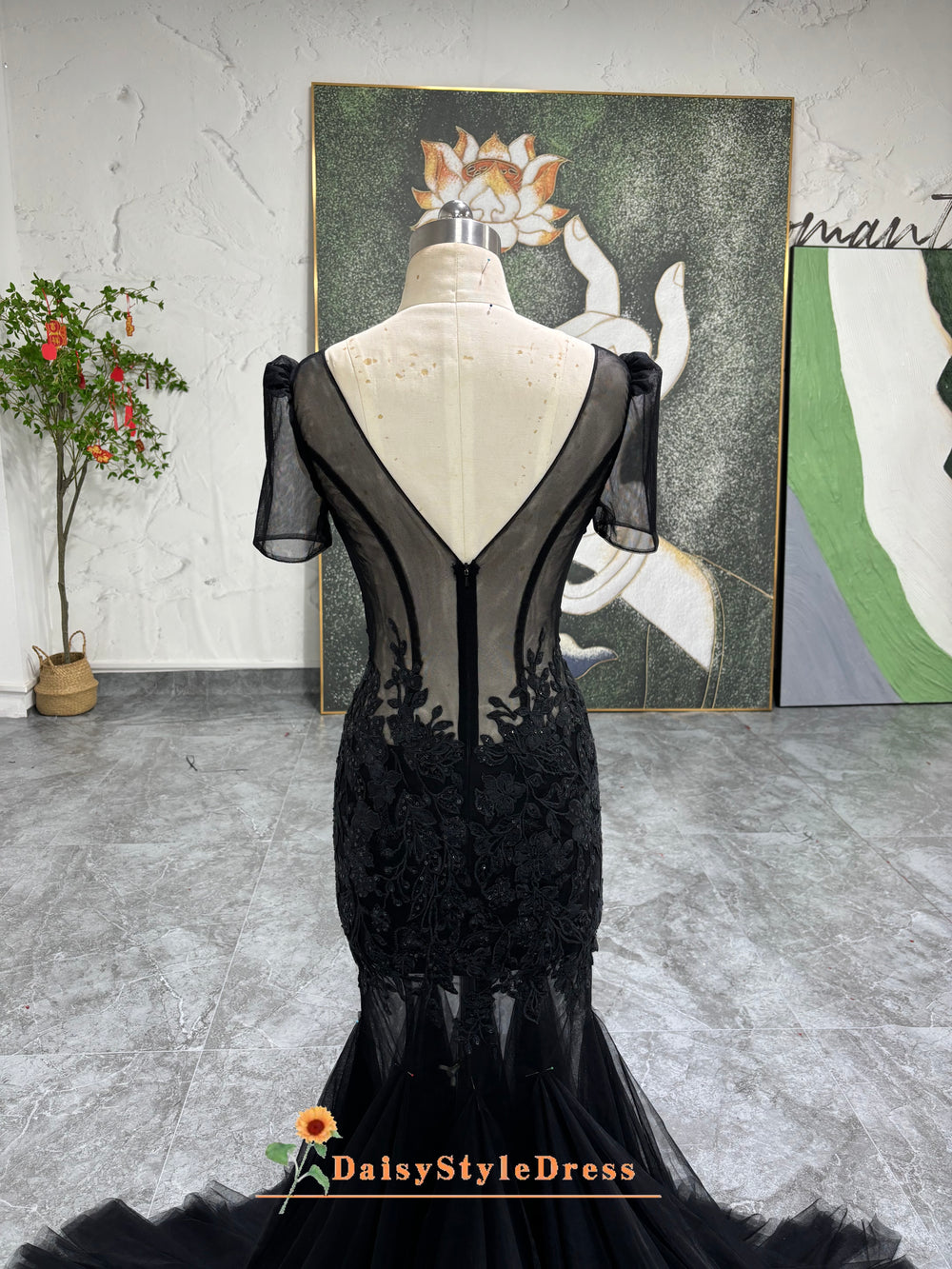 Mermaid French Lace Short Sleeve Black Wedding Dress,Sexy Illusion Bla daisystyledress Mermaid French Lace Short Sleeve Black Wedding Dress,Sexy Illusion Bla daisystyledress