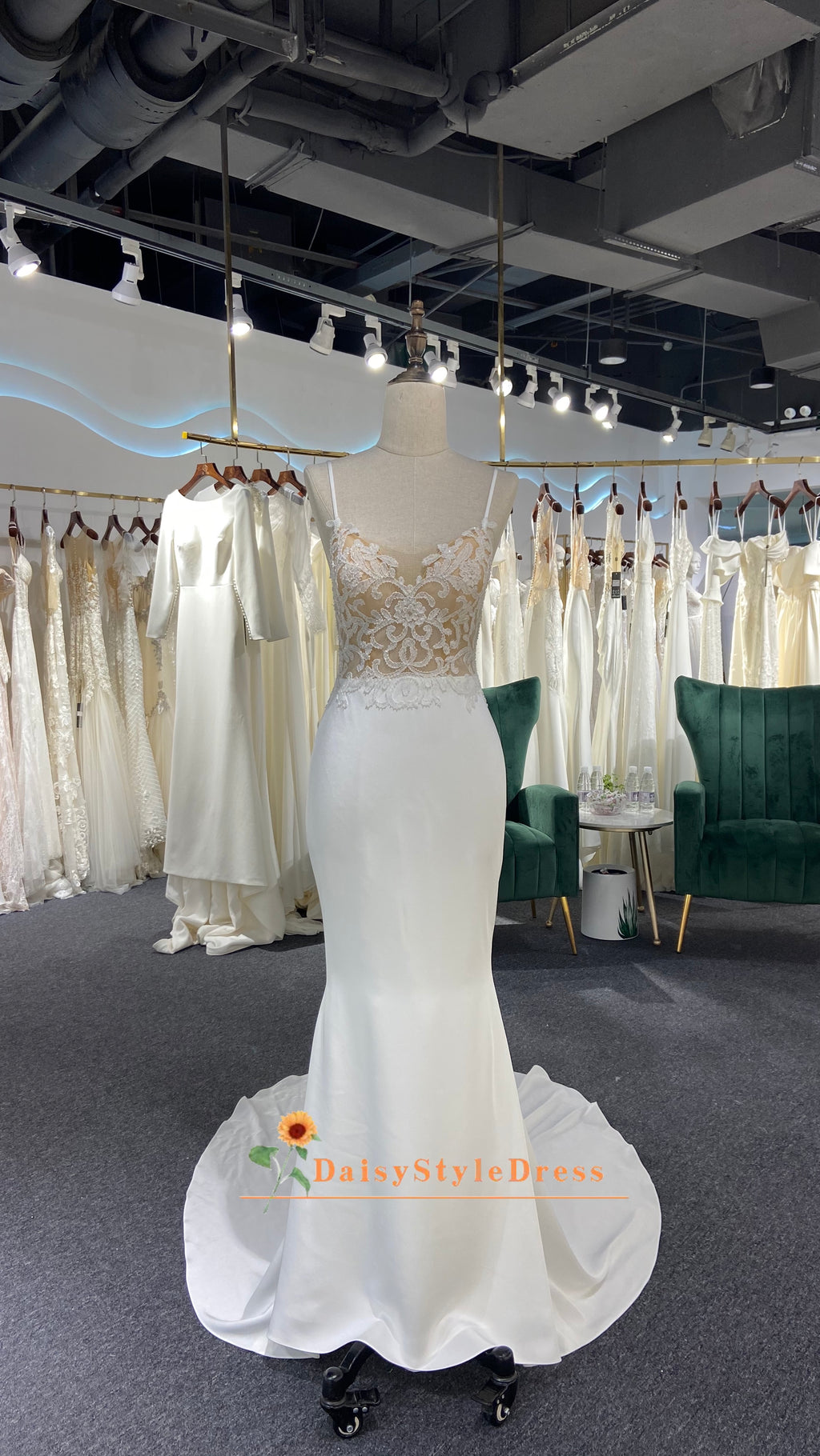 Simple Fit and Flare Sheer Lace Wedding Dress