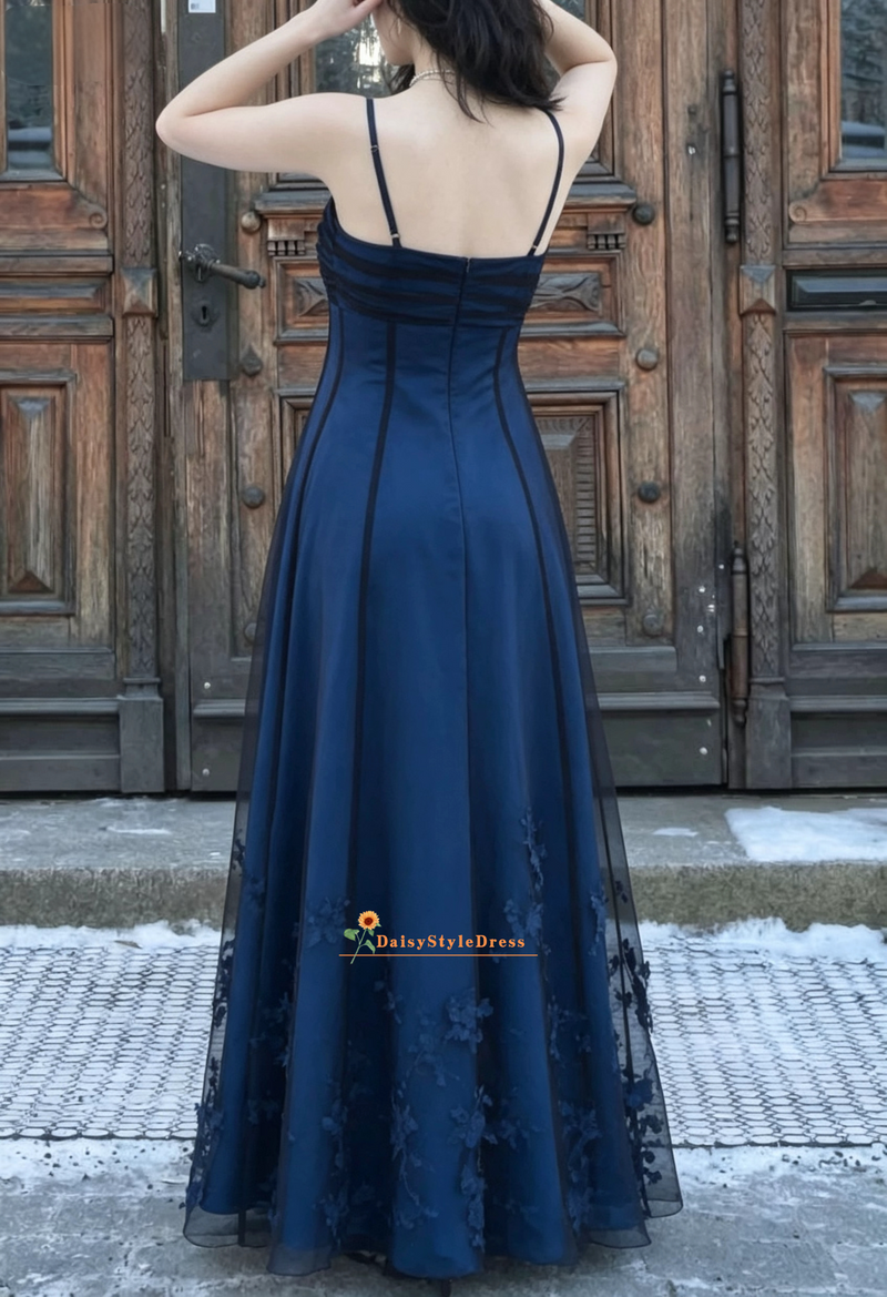 Vintage Navy Blue Prom Dress,Spaghetti Straps 90s Formal Dress