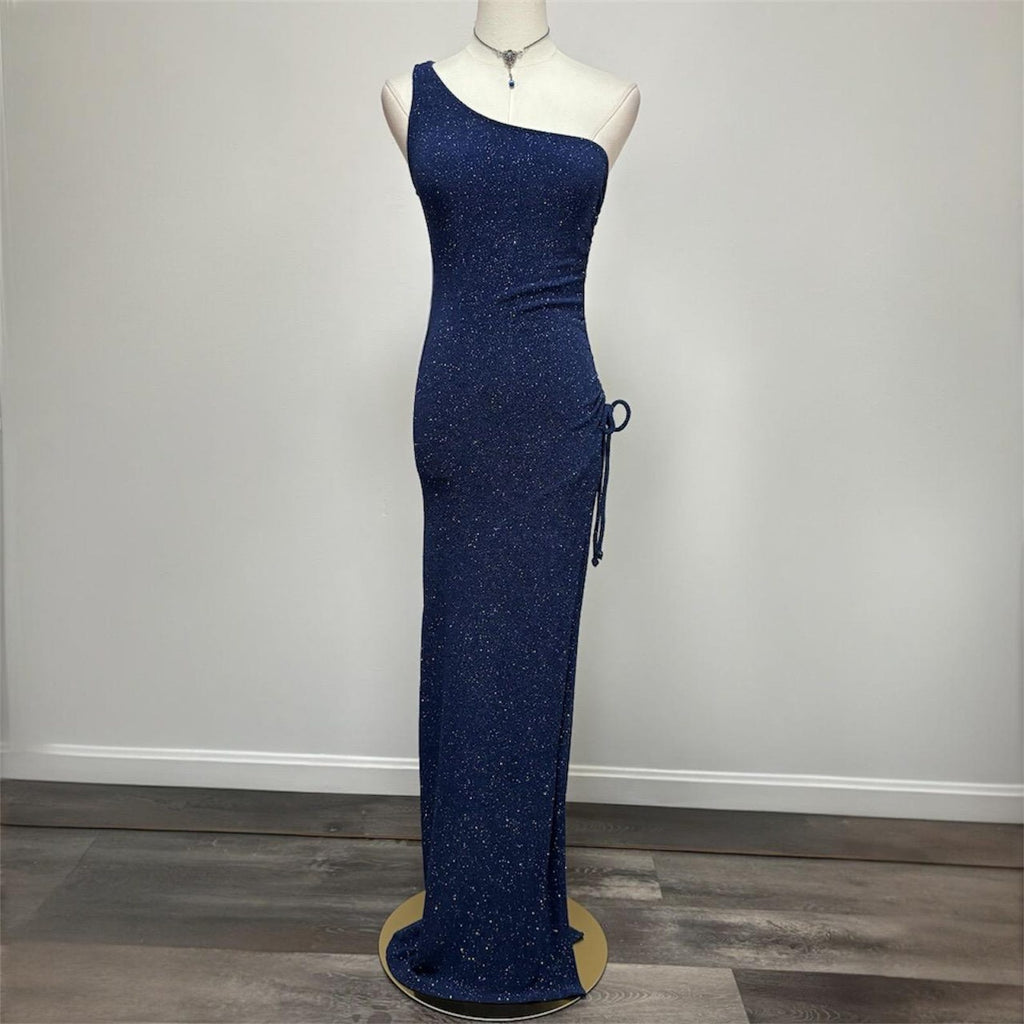 Vintage 90’s Navy Blue Sparkle One Shoulder Prom Formal Dress