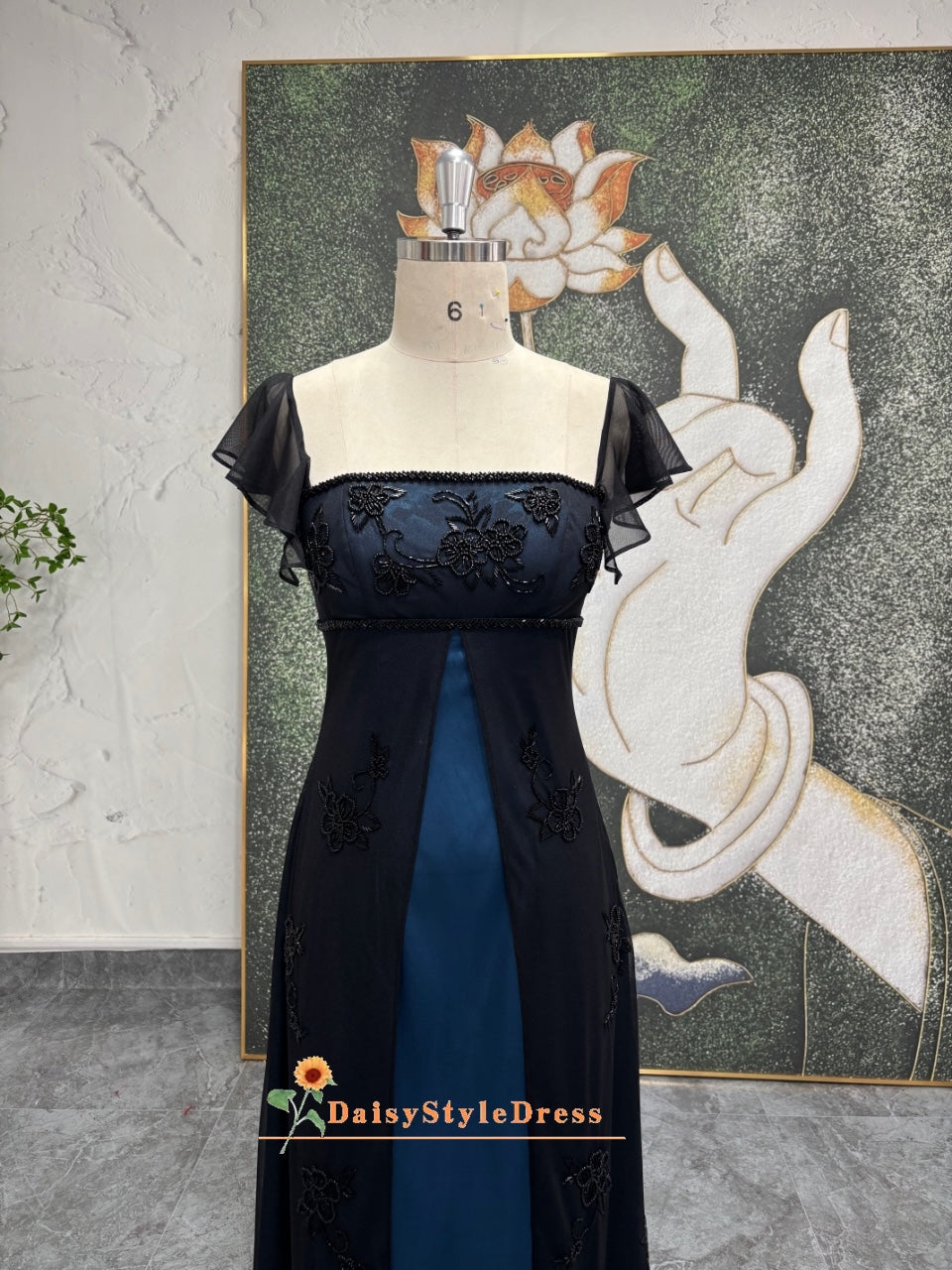Vintage Square Neckline Black and Blue Prom Dress – daisystyledress