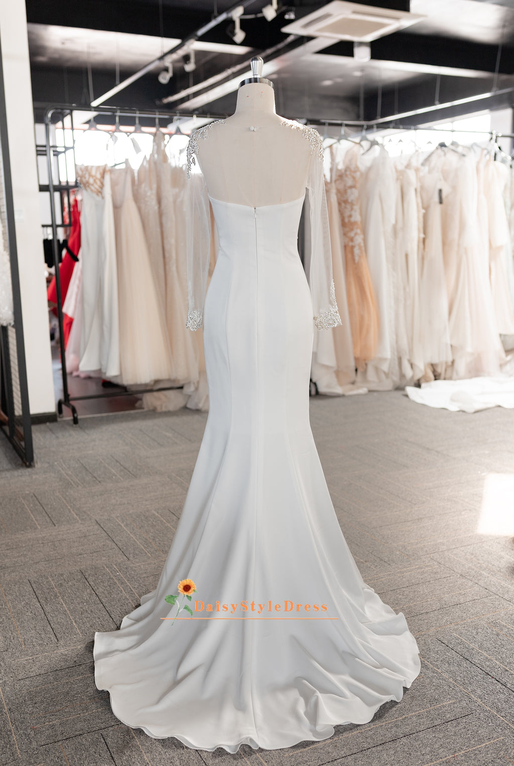 Sheer Long Tulle Sleeve Fit and Flare Wedding Dress