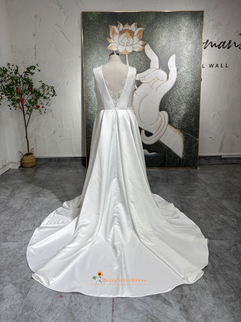 V-neckline Low Back Plus Size Wedding Dress