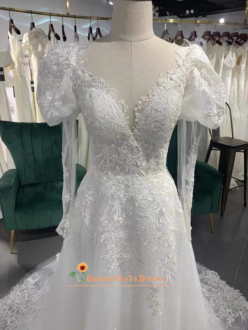 V neck long sleeve wedding dress