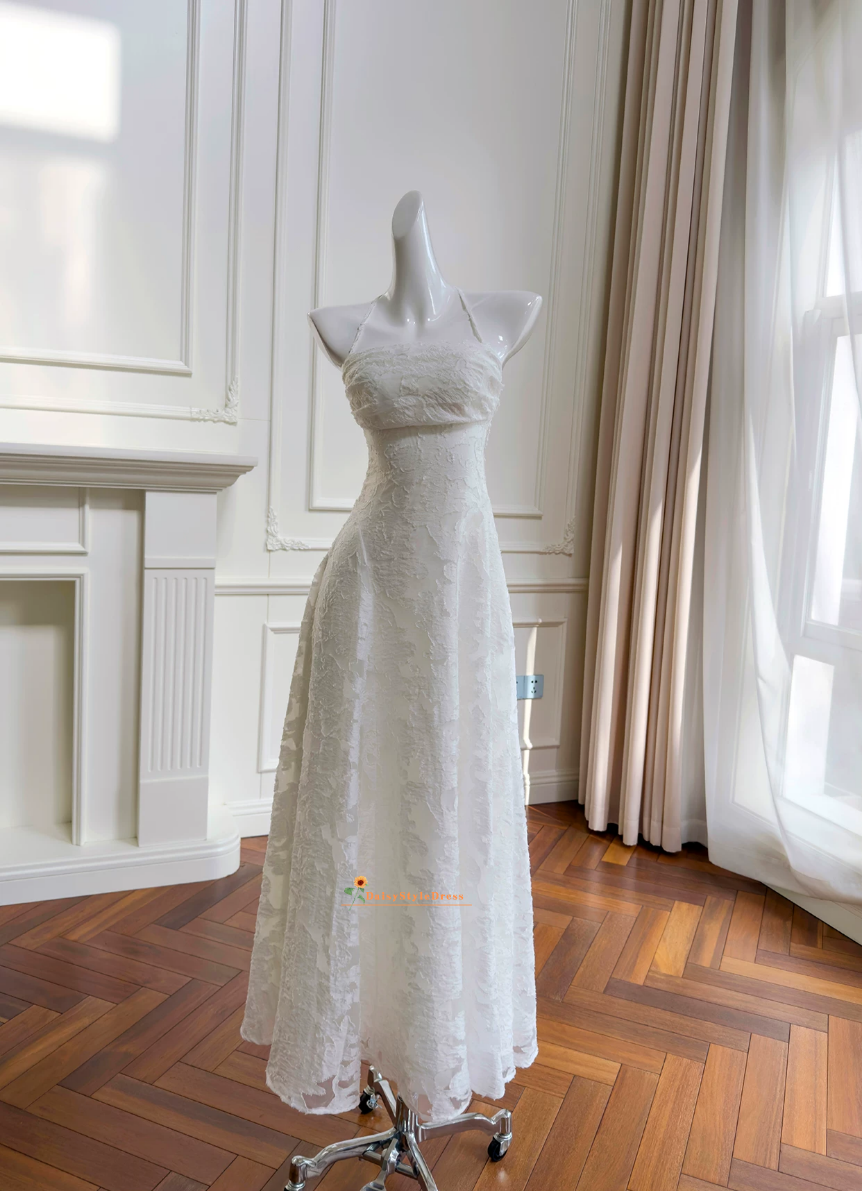 White Lace A-Line Maxi Dress,Minimalist Prom Dress – daisystyledress