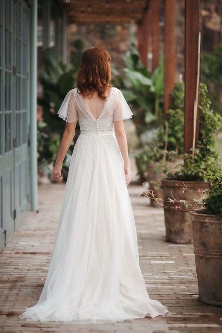  Boho Short Sleeve Wedding Dress