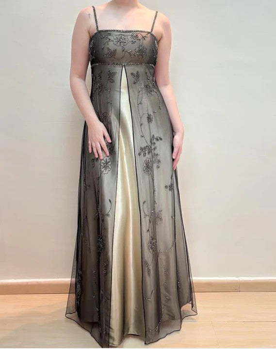 Split Black and Cream Vintage 90S Prom Dress daisystyledress Split Black and Cream Vintage 90S Prom Dress daisystyledress