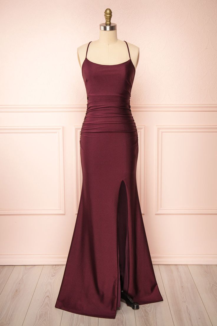 Vintage Square Neckline Slit Burgundy Party Dress