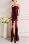 Vintage Square Neckline Slit Burgundy Party Dress