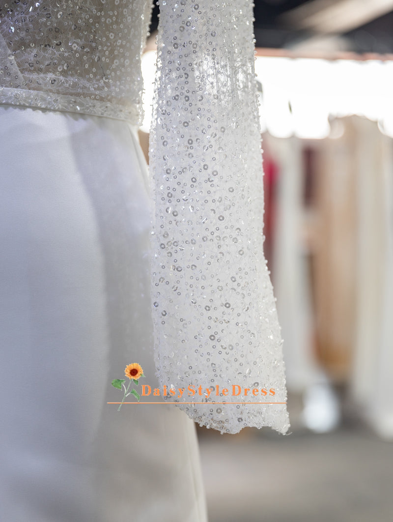 Fit and Flare Long Sleeve Sequins Wedding Dress