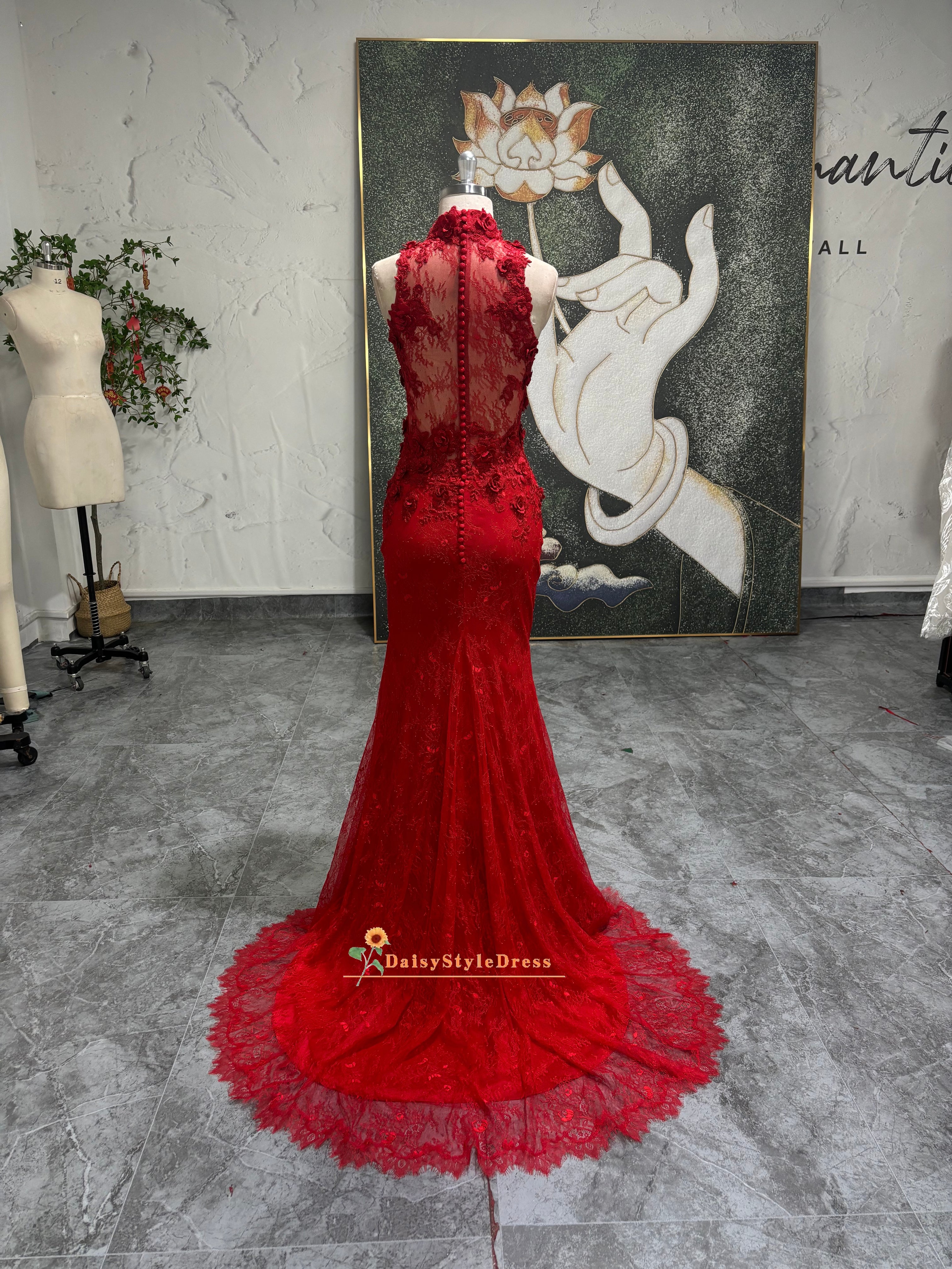 fitted lace wedding dress Vintage Mermaid Red Lace Wedding Dress – daisystyledress