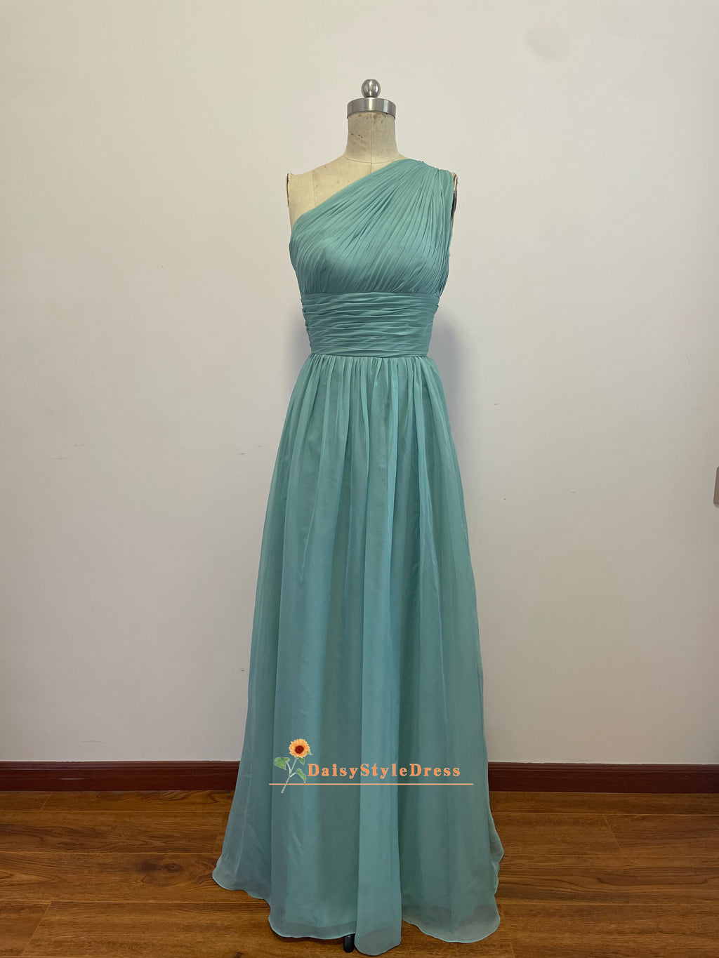 one shoulder green evening dress