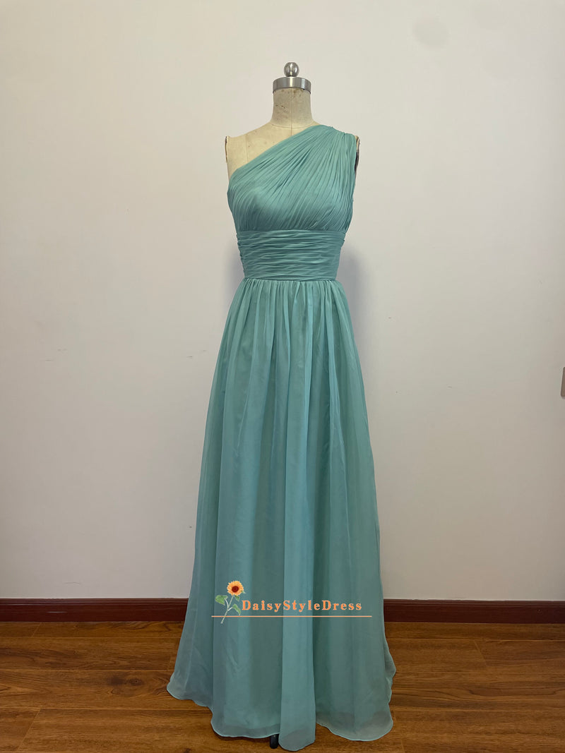 one shoulder green evening dress