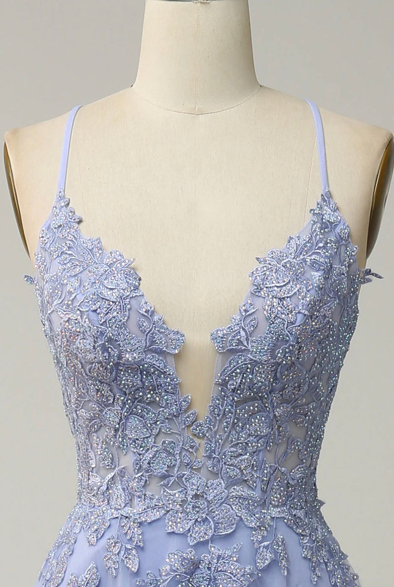 Sexy Back Lavender Lace Prom Dress