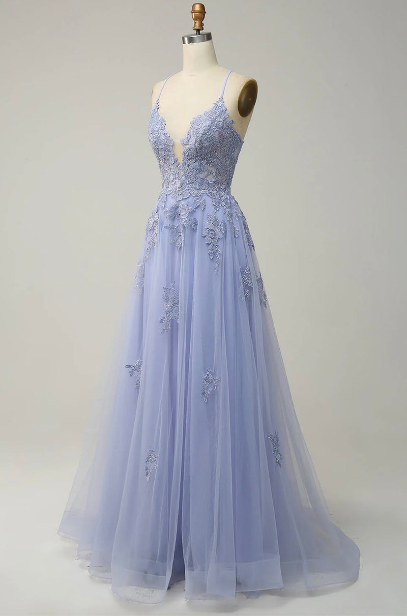 Sexy Back Lavender Lace Prom Dress