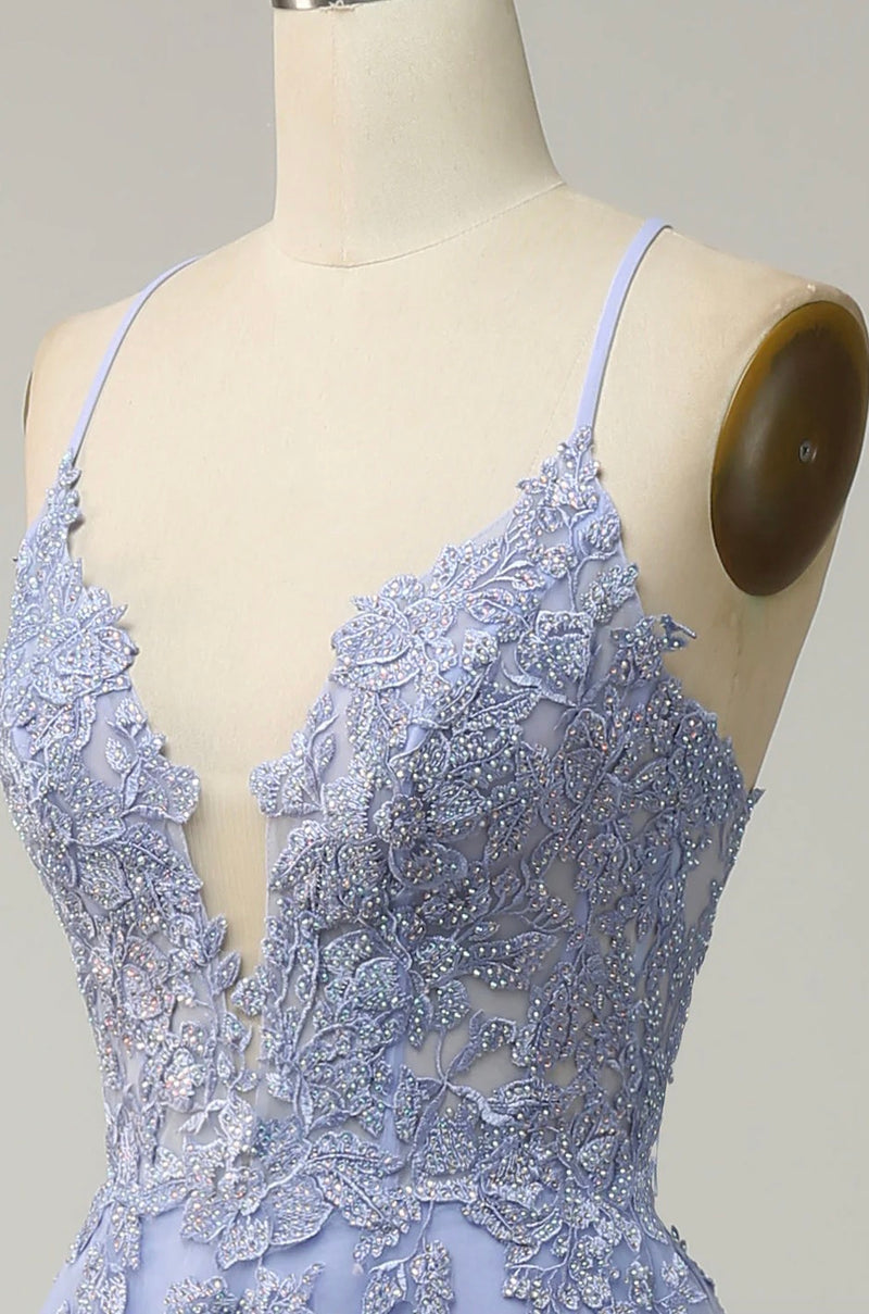 Sexy Back Lavender Lace Prom Dress