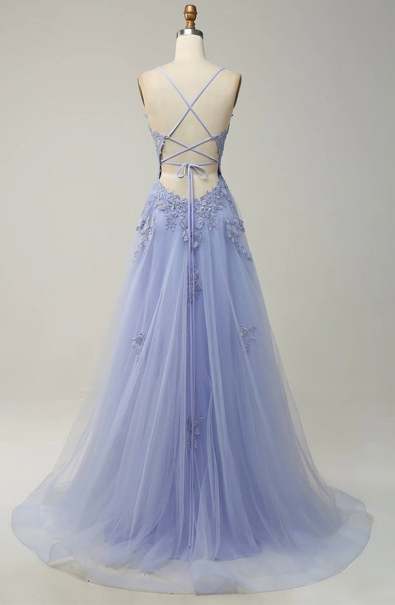 Sexy Back Lavender Lace Prom Dress