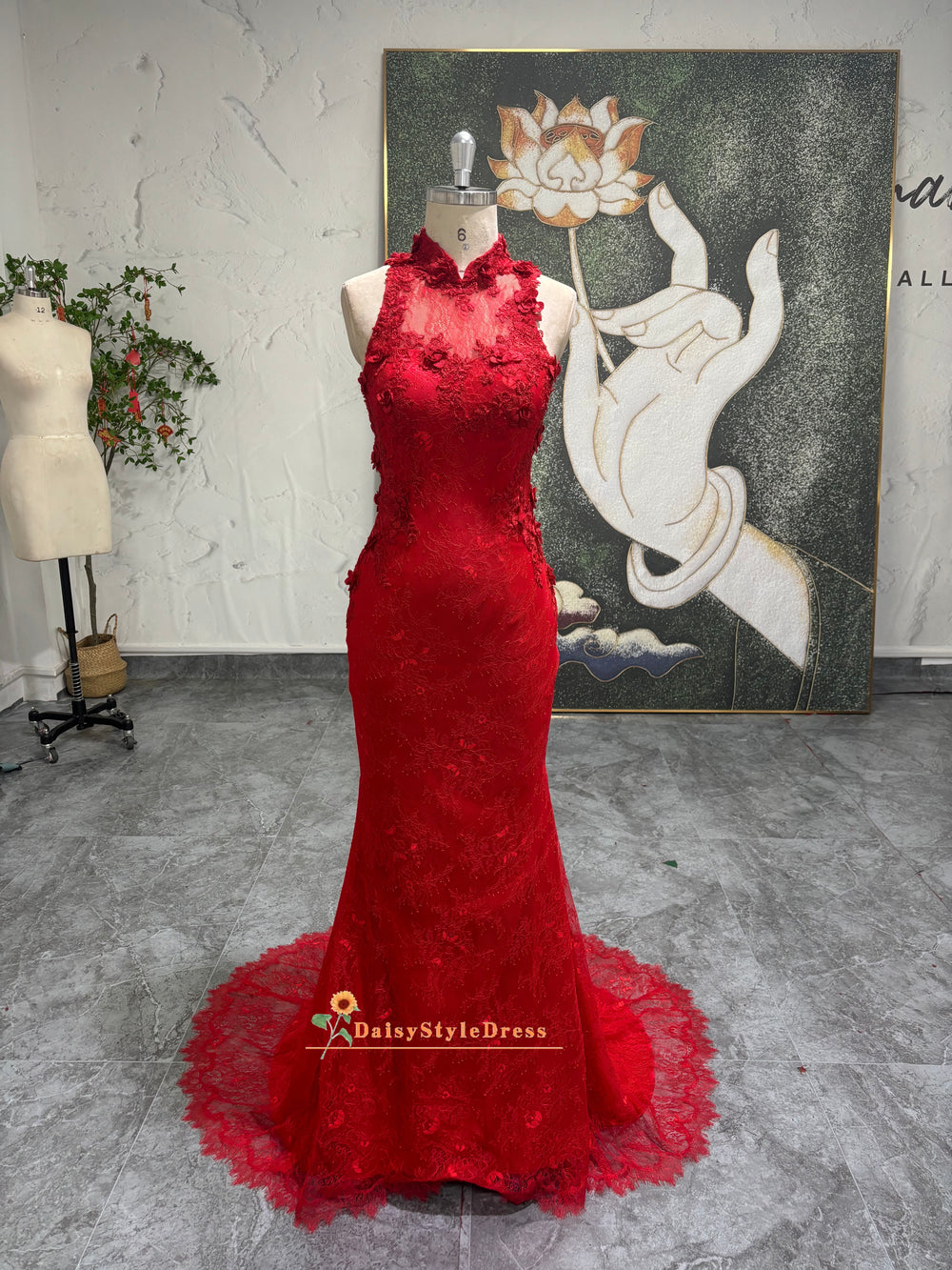 Vintage Mermaid Red Lace Wedding Dress – daisystyledress Vintage Mermaid Red Lace Wedding Dress – daisystyledress