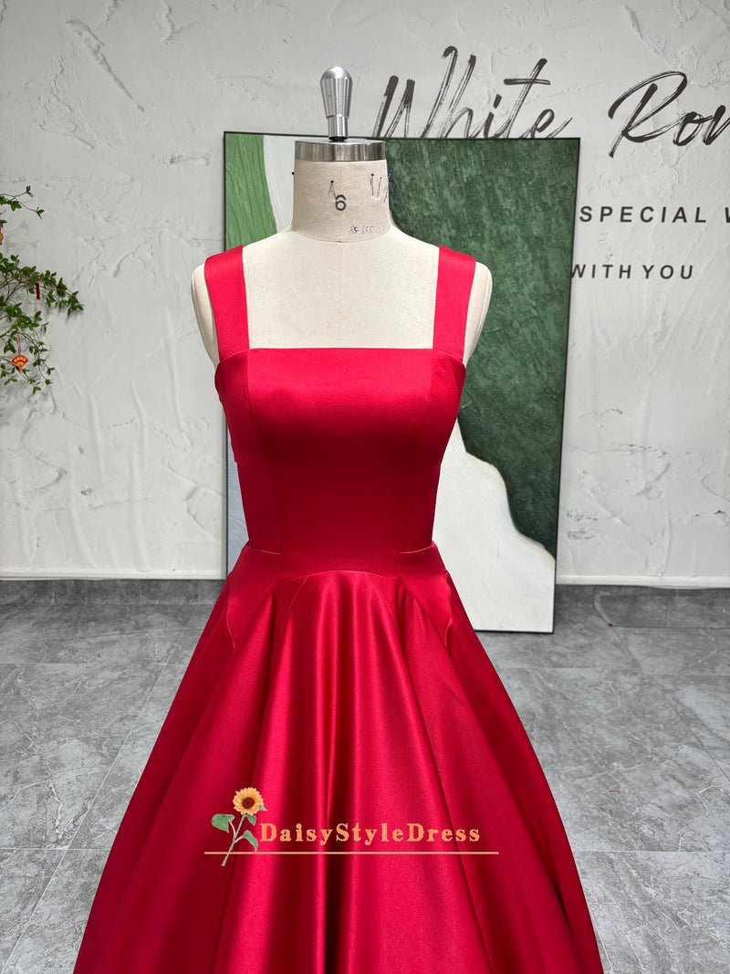  square neckline red prom dress
