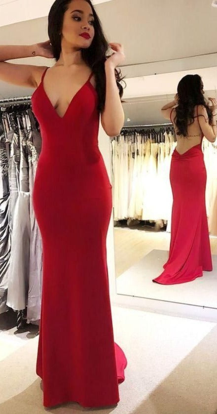 Sexy Spaghetti Straps Backless Red Evening Dress - daisystyledress
