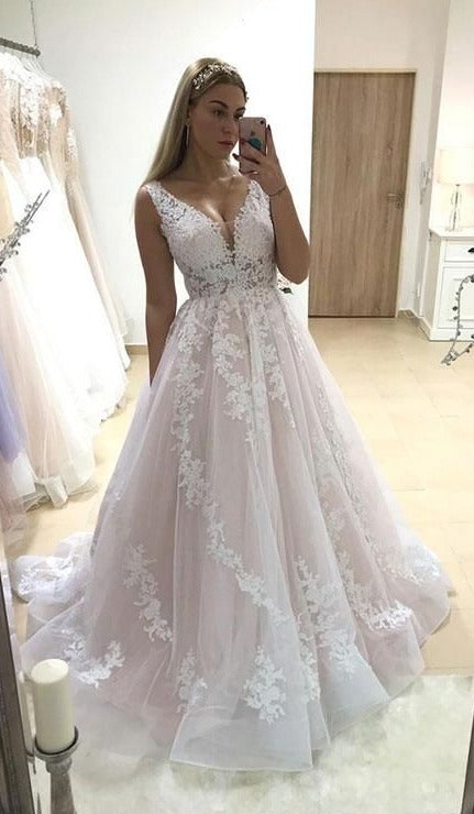 Ball Gown V-neckline Blush Wedding Dress - daisystyledress
