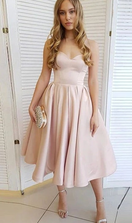 Simple Vintage Tea Length Blush Party Dress - daisystyledress