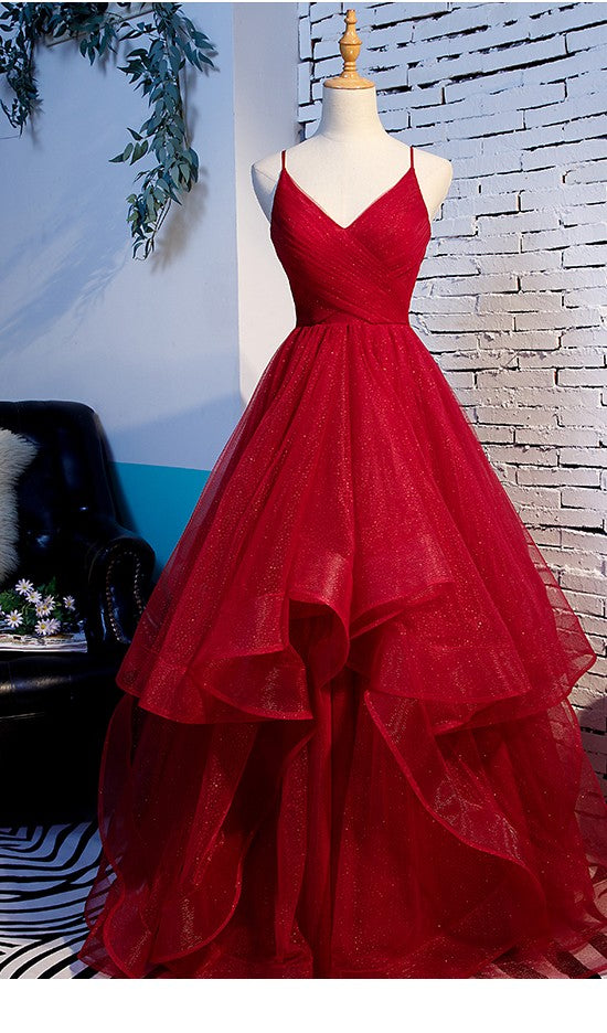 Fashion Spaghetti Straps Ball Gown Dark Red Prom Dress - daisystyledress