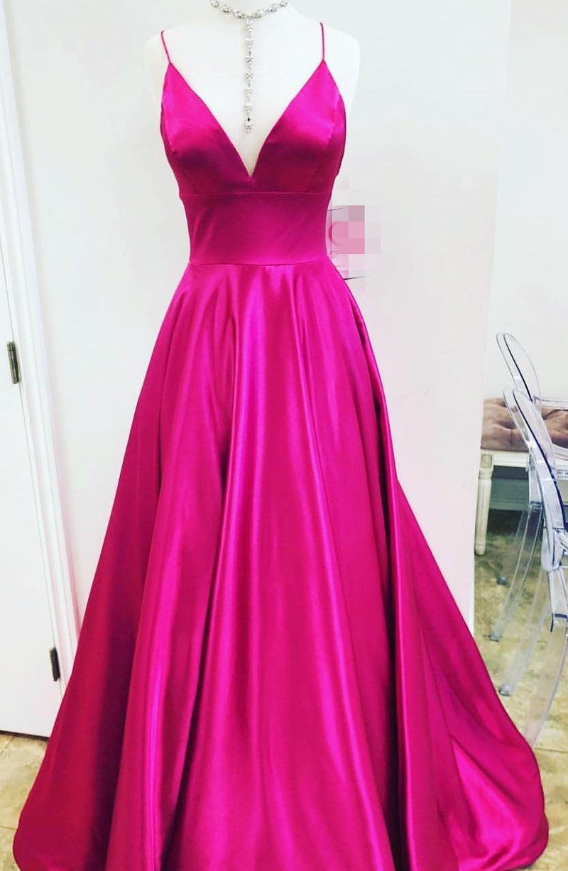 A line Spaghetti Straps High Quality Satin Fuchsia Prom Dress - daisystyledress