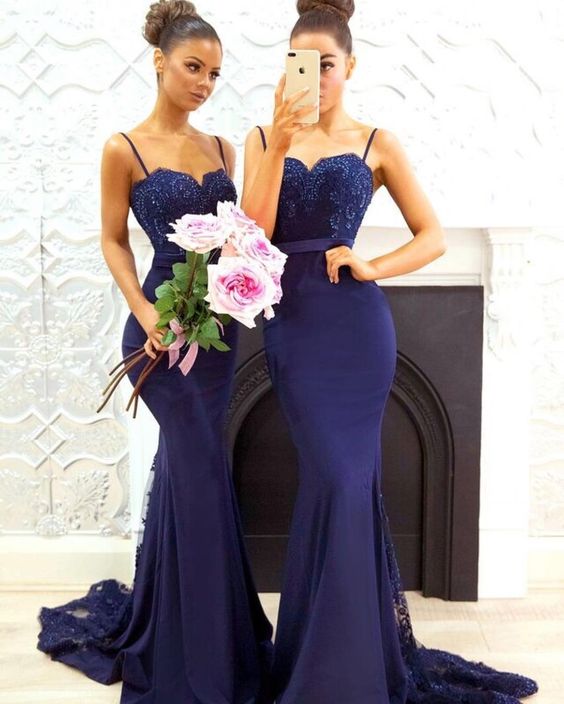 Mermaid Spaghetti Straps Navy Blue Bridesmaid Dress - daisystyledress