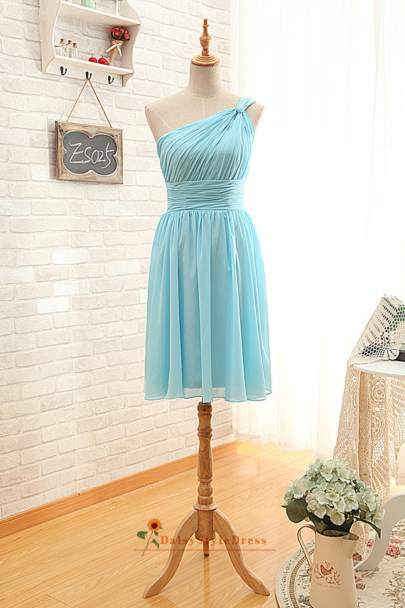 Knee Length Sky Blue One Shoulder Bridesmaid Dress – daisystyledress