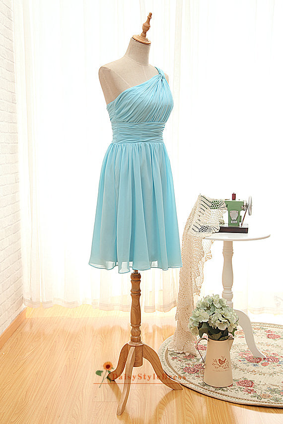 Knee Length Sky Blue One Shoulder Bridesmaid Dress daisystyledress Knee Length Sky Blue One Shoulder Bridesmaid Dress daisystyledress