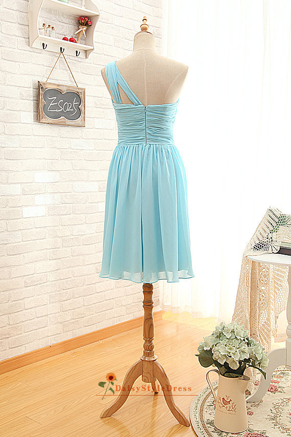 Knee Length Sky Blue One Shoulder Bridesmaid Dress daisystyledress Knee Length Sky Blue One Shoulder Bridesmaid Dress daisystyledress