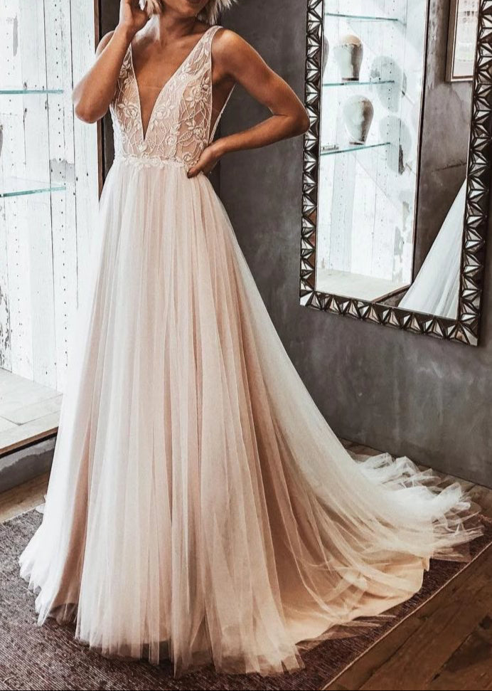 Light Champagne Lace and Tulle Boho Wedding Dress - daisystyledress