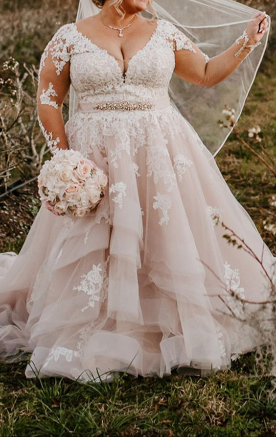 Long Sleeve Blush Lace Plus Size Wedding Dress - daisystyledress