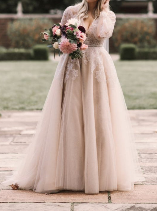 Lace Blush Colored Plus Size Wedding Dresses Long Sleeve Lace Low