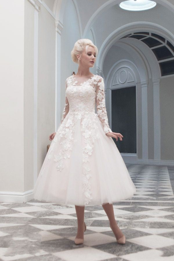 Tea Length Long Sleeve Wedding Dress - daisystyledress