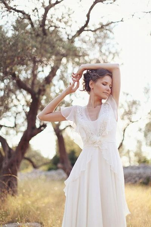 A line V-neckline Chiffon Outdoor Wedding Dress - daisystyledress