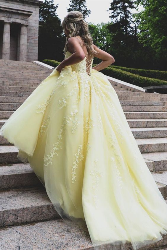 Fashion Ball Gown Double Straps Yellow Prom Dress daisystyledress Fashion Ball Gown Double Straps Yellow Prom Dress daisystyledress