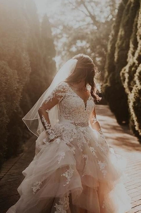 Long Sleeve Blush Lace Plus Size Wedding Dress – daisystyledress