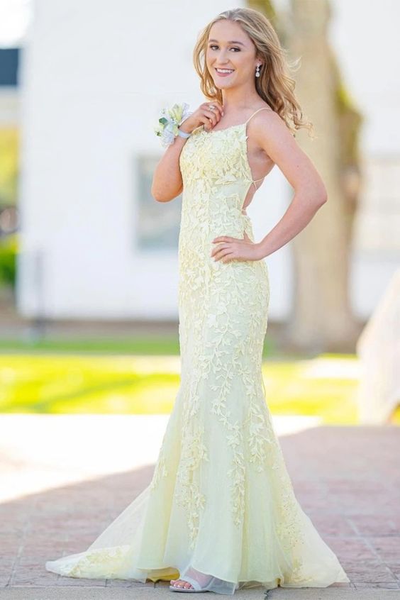 fitted yellow prom dress