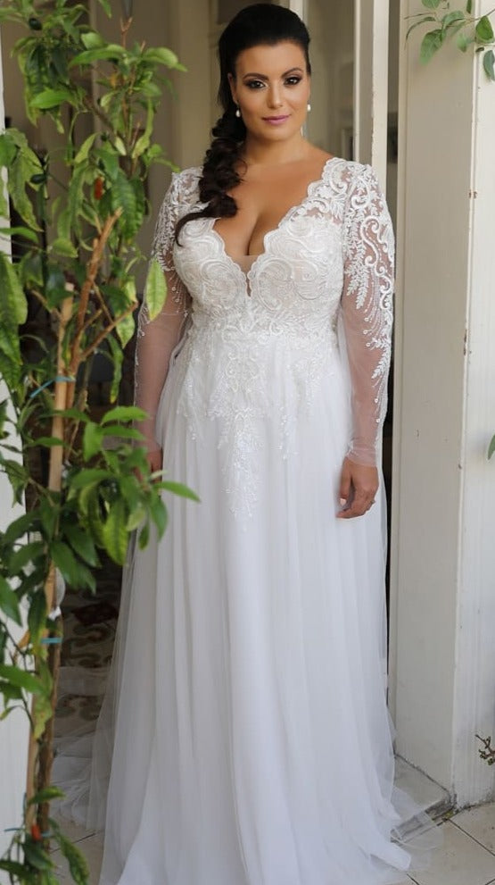 long sleeve curvy bridal dress