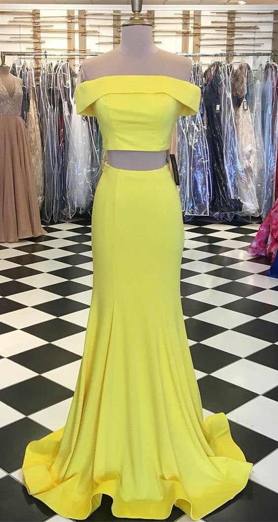 two piece yellow prom pageant dress